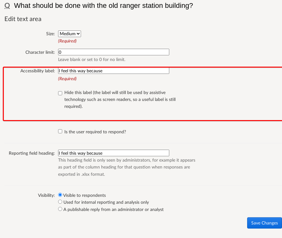 Edit multiple line answer component for ranger station question with accessibility label highlighted.