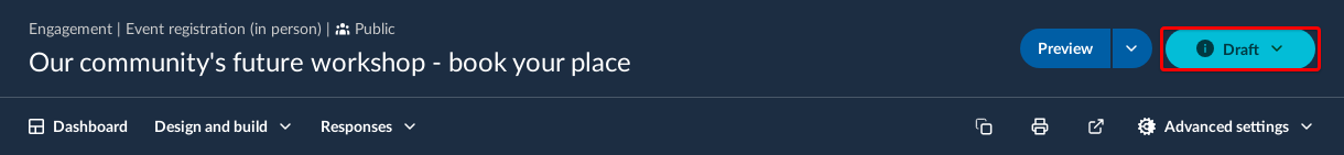 Activity header with the aqua Draft button highlighted.