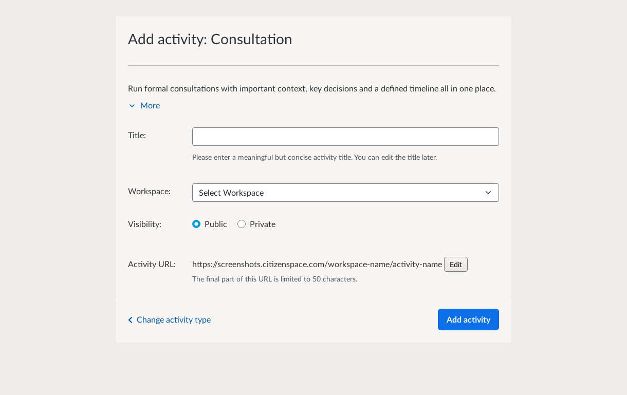 Add Activity page with to set the title details for the selected type.