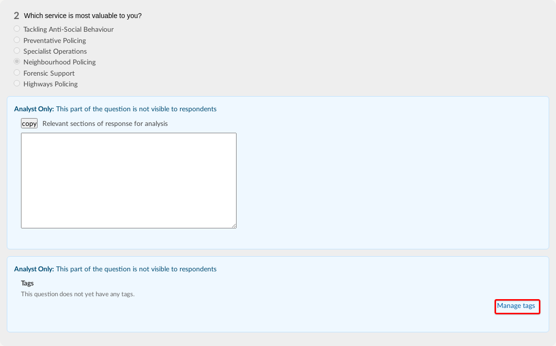 Analysing a question with no tags added - Manage Tags link highlighted