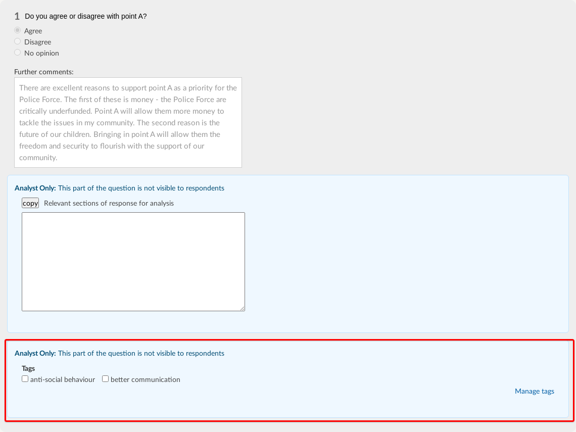 Analysing first question on Police Priorities consultation - tags question highlighted.