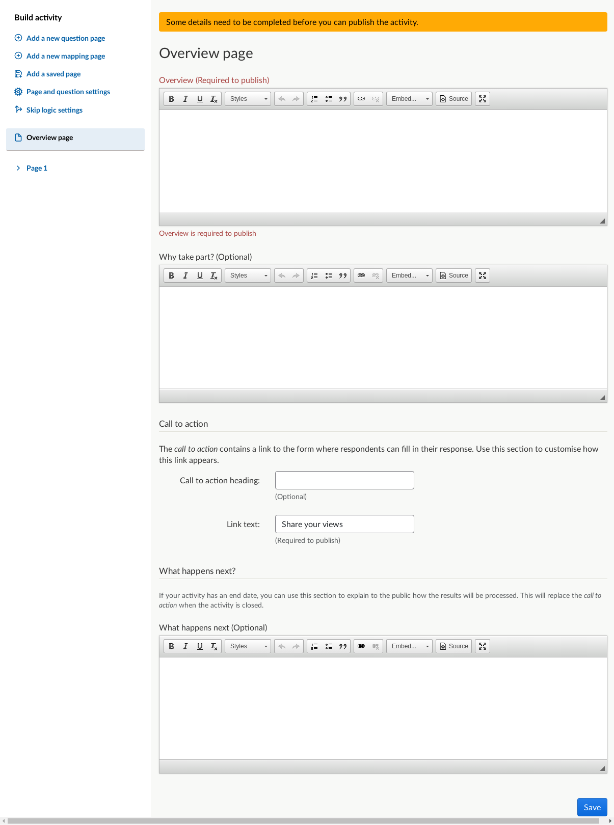 Build activity page with survey builder and Overview page.