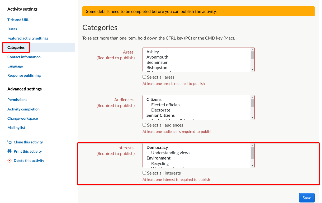 Categories page highlighted in the sidebar and the Interests section highlighted on the page.
