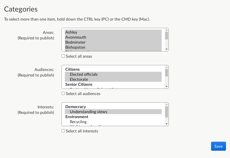 Categories page where you can assign areas, audiences and interests to the activity.