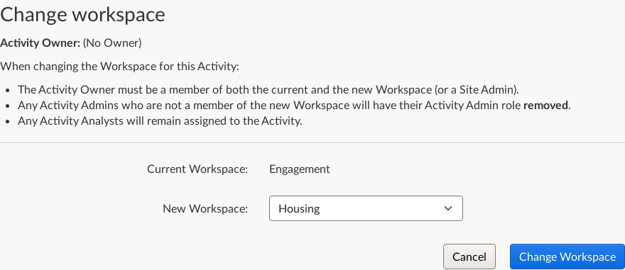 Change Activity Workspace screen on a draft activity.