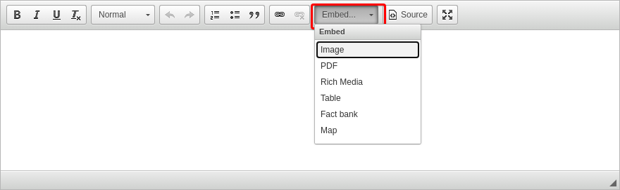 Text editor toolbar with embed dropdown list of options, including option for Rich media.