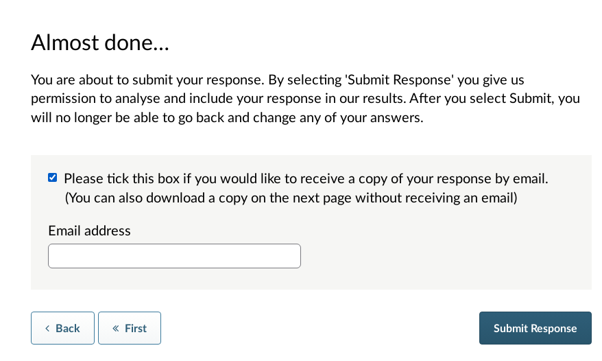 'Almost Done' page with copy response confirmation selected.