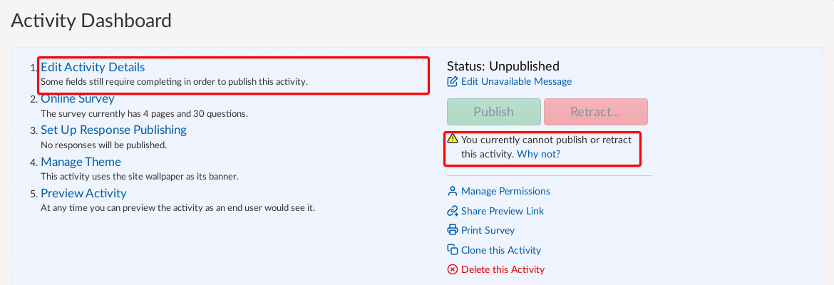 Dashboard with Edit Activity Details and You current cannot publish section highlighted.