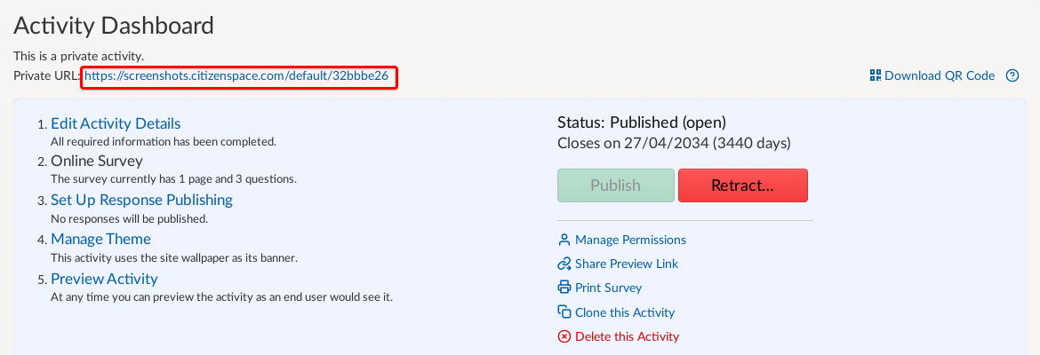 Top of activity dashboard with private URL highlighted.