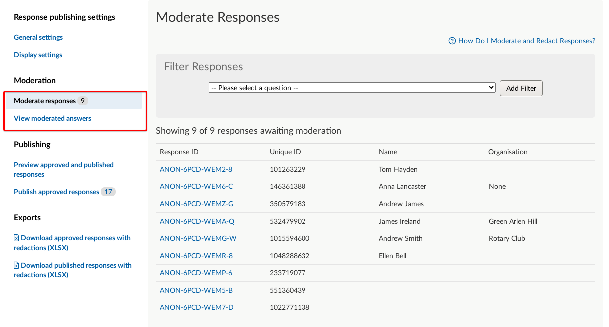 Moderate Responses section on Dashboard.