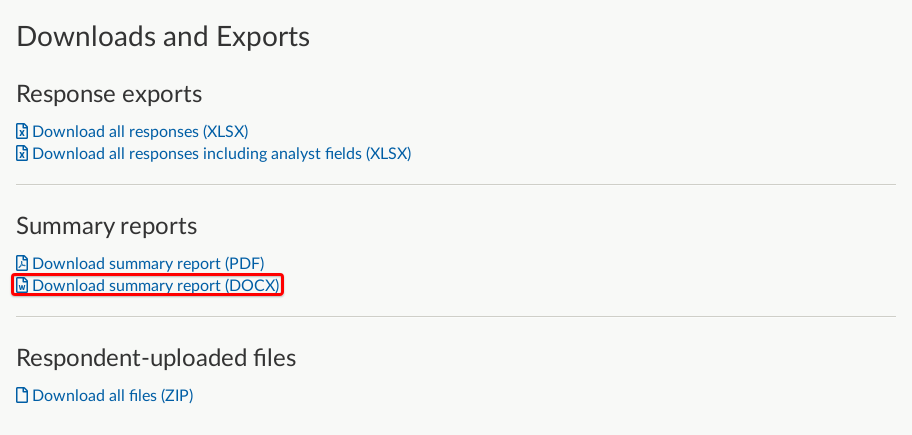 Responses to this Activity section on Dashboard with Download Summary Report (DOCX) highlighted.