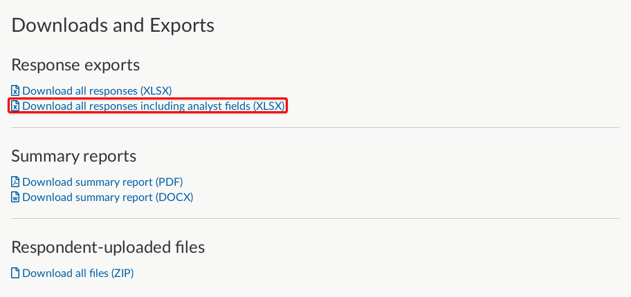 Responses to this Activity section on Dashboard with Download all responses including analyst fields highlighted.