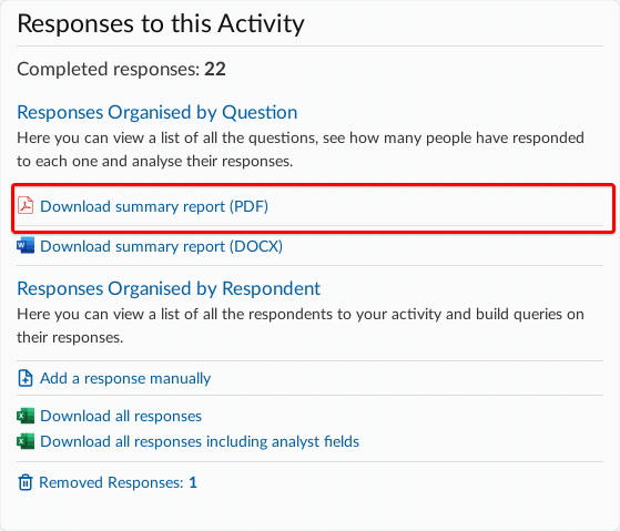 Responses to this Activity section on Dashboard with Download summary report highlighted.