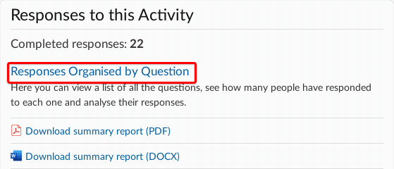 Responses to this Activity section on Dashboard with Responses organised by question highlighted.