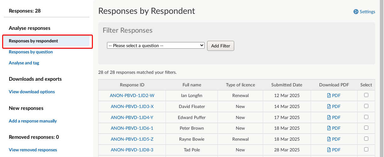 Responses to this Activity section on Dashboard with Responses organised by respondent highlighted.