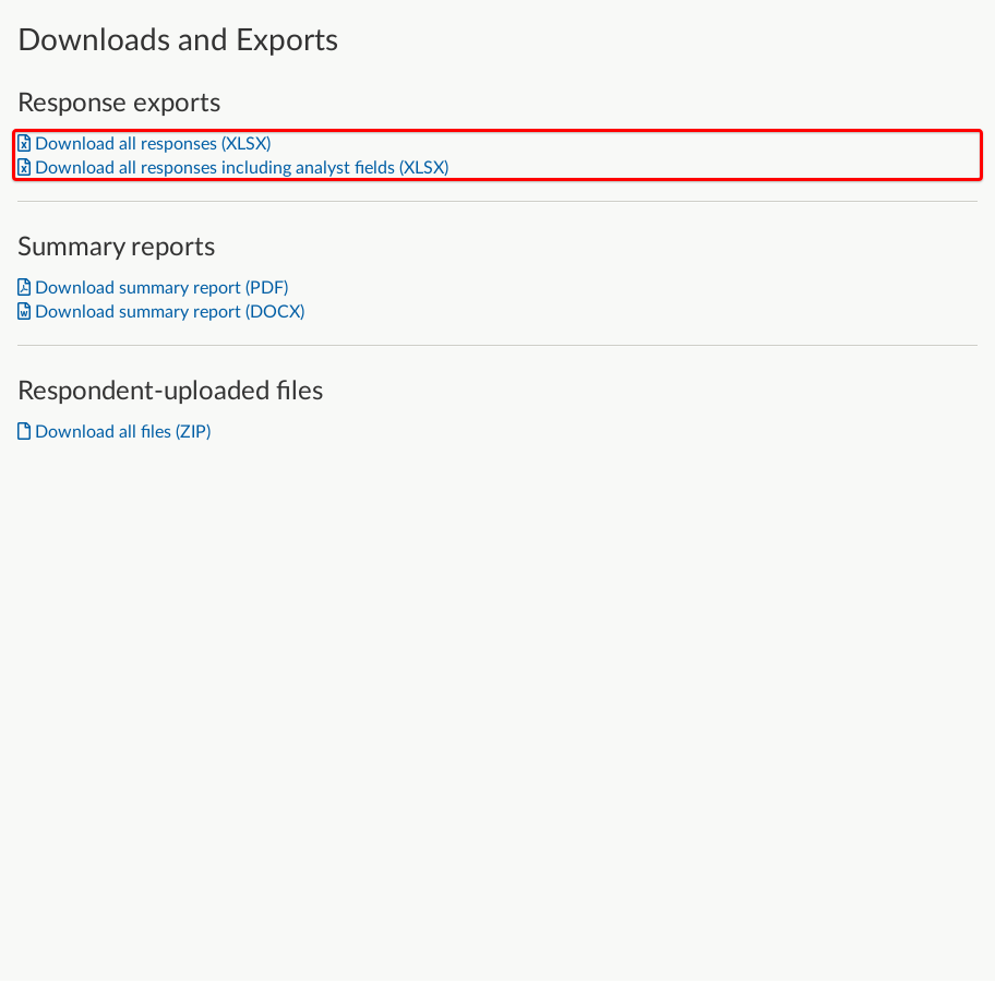 Responses to this Activity' section on Dashboard with .xlsx exports highlighted.