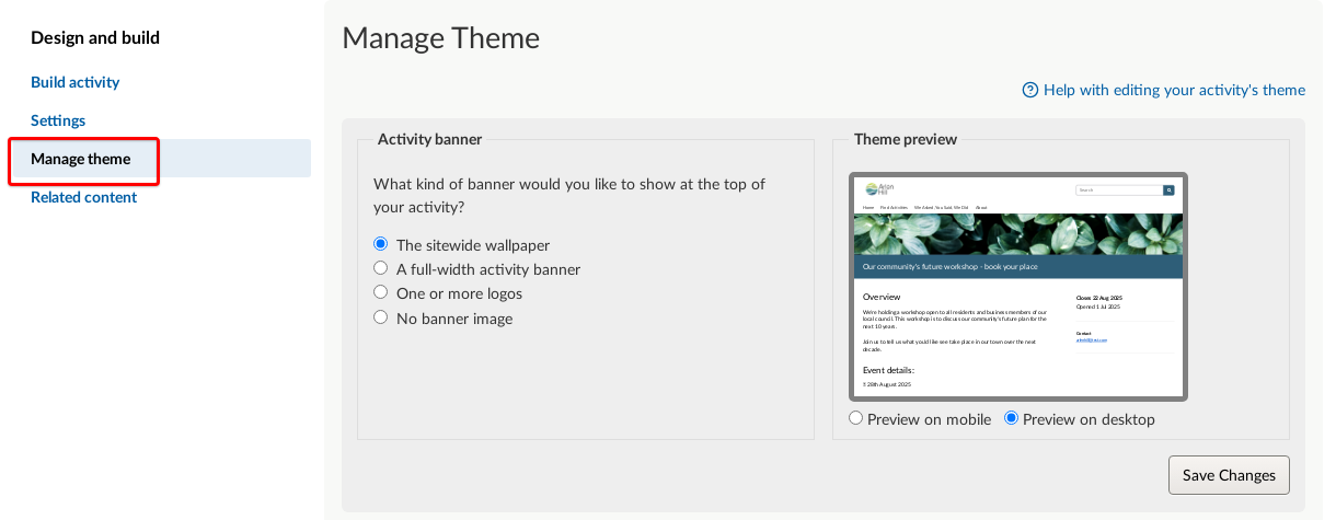 Top of Dashboard with Manage Theme link highlighted.