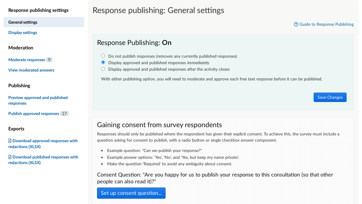 Top of Dashboard with Set Up Response Publishing link highlighted.