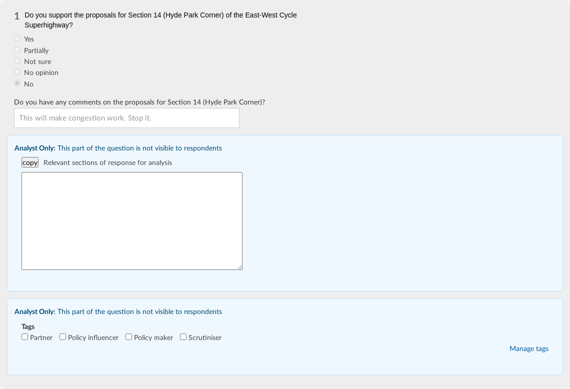 An example text answer describes that there is anti-social behaviour and drug activity in the area. These are quantitatively checked in checkboxes by an analyst with various tag options.