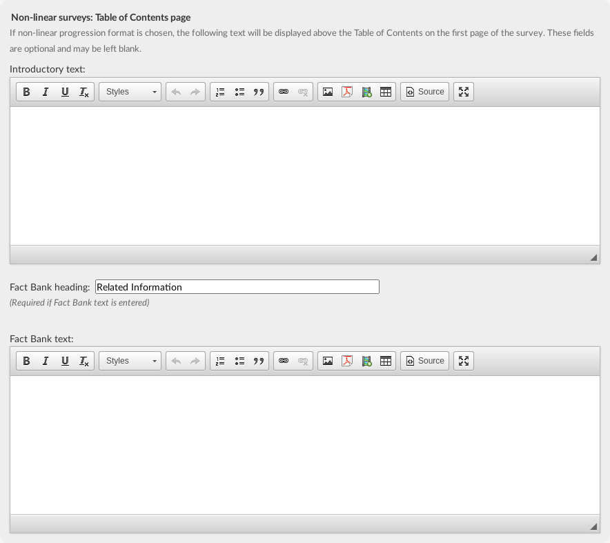 The introductory text and fact bank fields in the online survey settings for adding text to the contents page of a non-linear survey.