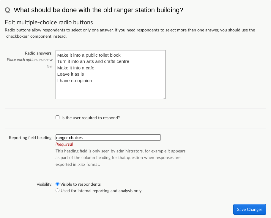 Example of adding an answer component screen, in this case a multiple-choice radio buttons answer component.