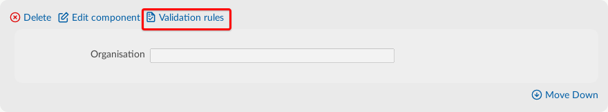 Editing a text answer component with Validation Rules circled.