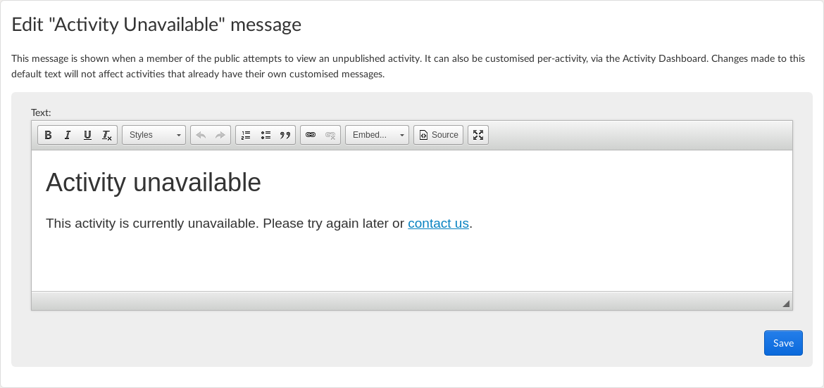 Edit Default Activity Unavailable message.