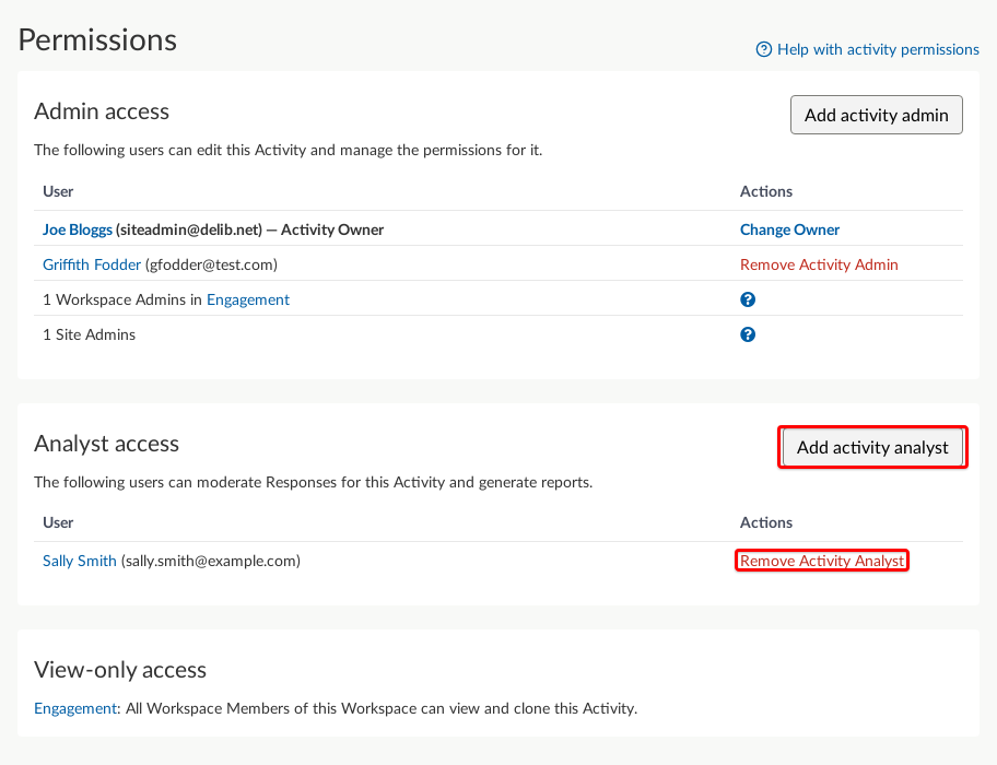 Manage Activity Permissions screen with Add Activity Analyst and Remove Activity Analyst highlighted.