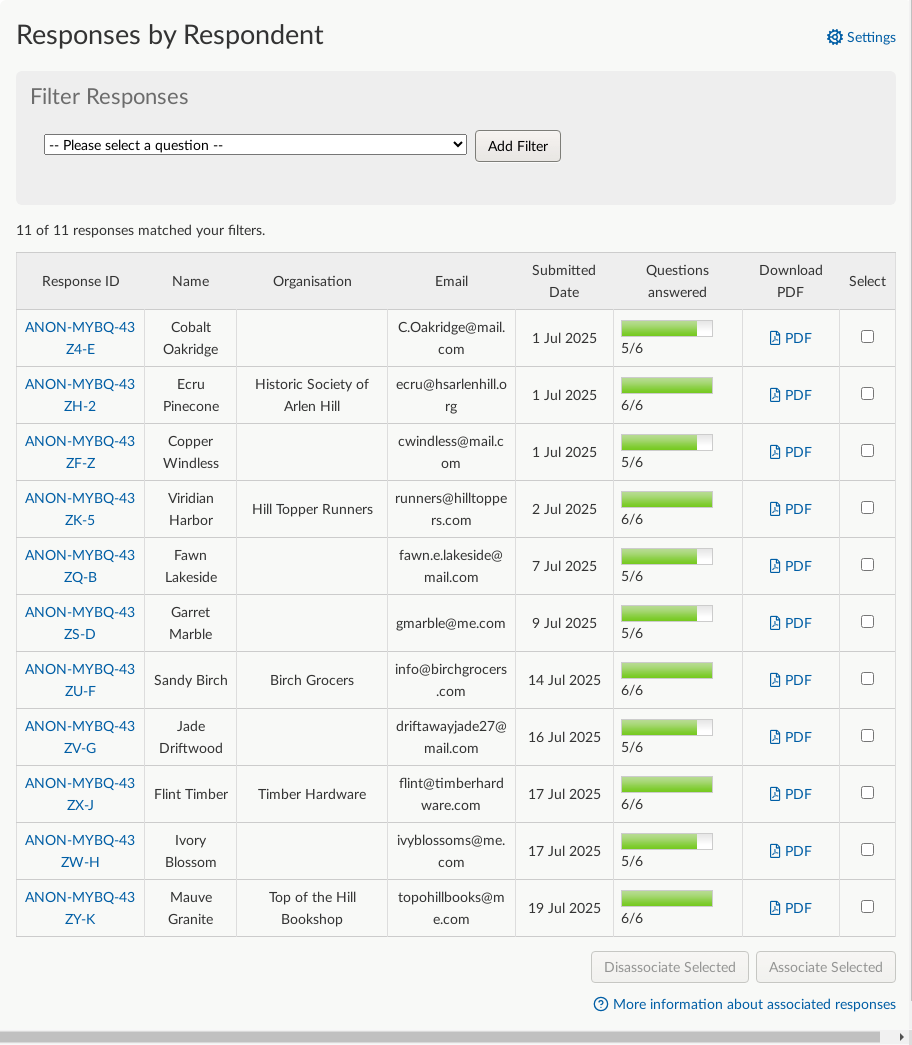 Responses by respondent page with table of submitted responses.