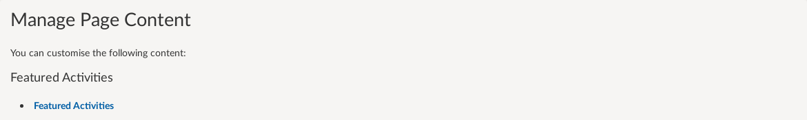 Manage Page content for Featured Activities.