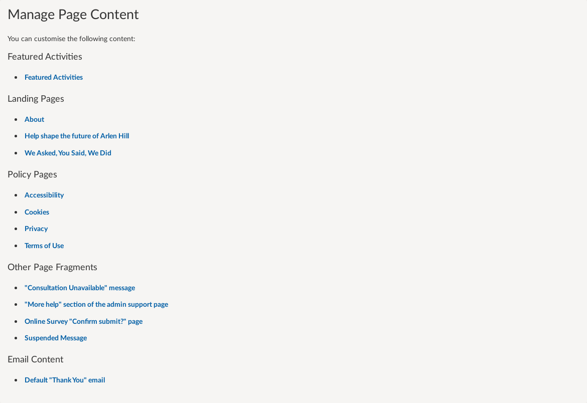 Manage Page Content page.