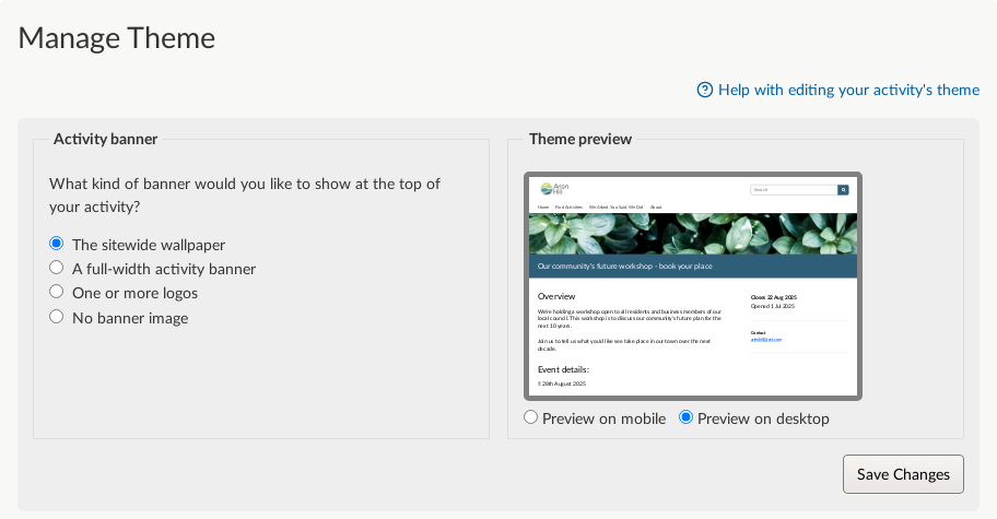 Manage theme page with theming options.