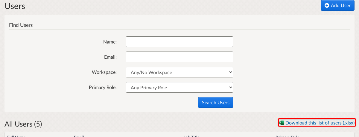 Manage Users page with Download this list of users link highlighted.