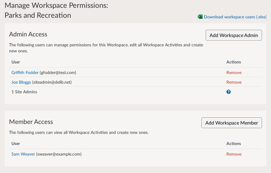 Manage Workspace members screen where you can review Admin and Members, add more users and remove users from the Workspace.