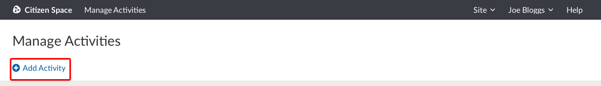 top of Manage Activities page with Add Activity link highlighted.