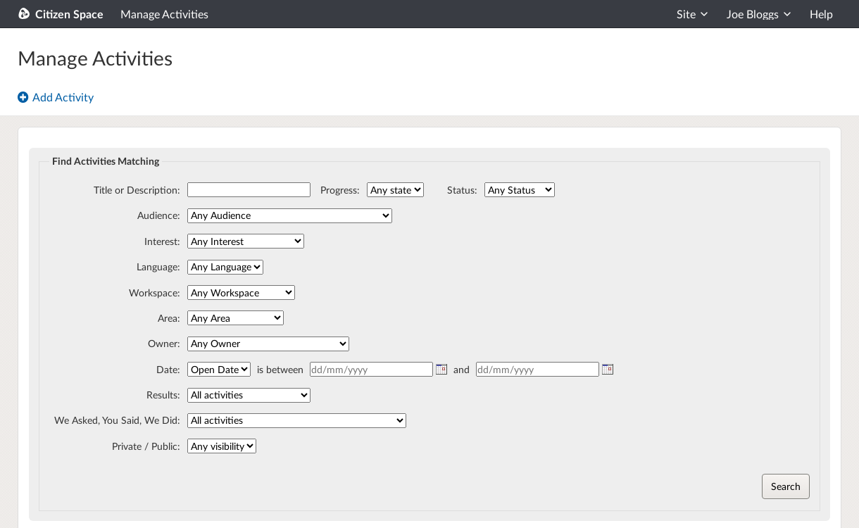 Filter stack on Manage Activities page including search options by title, status, owner, department, dates, and more.