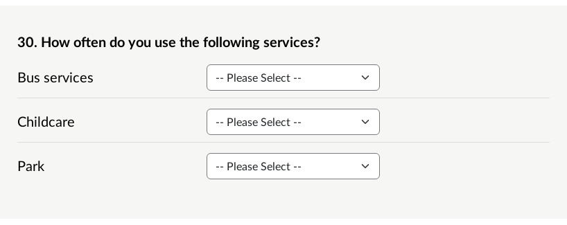 Matrix answer component using a dropdown list.