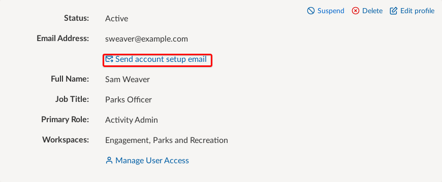 New user added screen with Send account setup email highlighted.