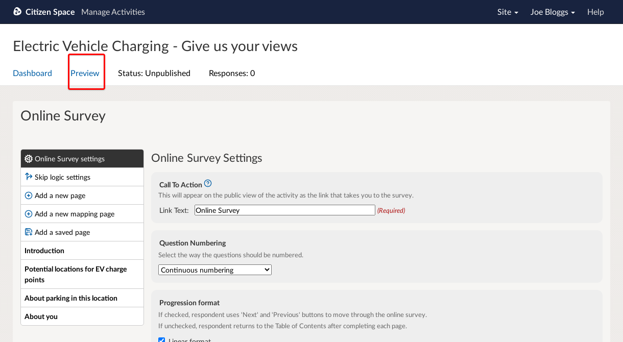 Online survey screen with Preview link highlighted.