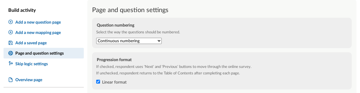 Online survey settings with section for setting the numnbering.