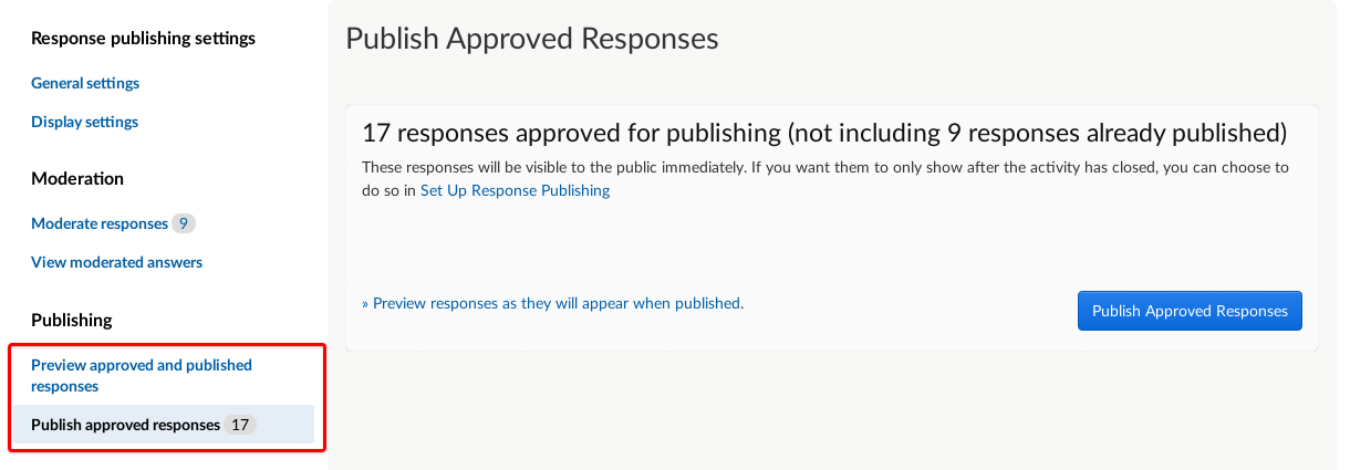 Publish responses section on the activity dashboard.