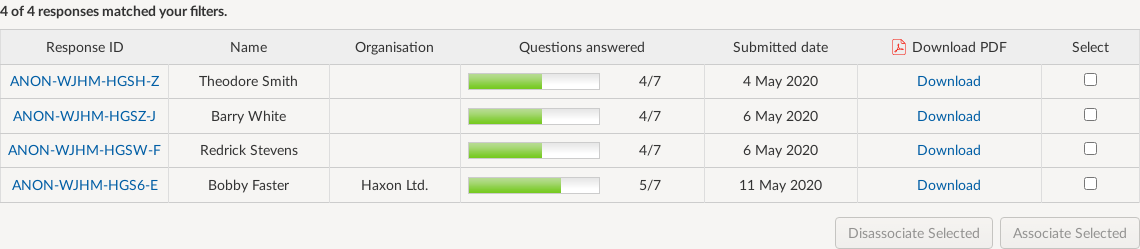 Responses organised by respondent table of submitted responses including Response ID, Name, Organisation, Questions answered, Date Submitted and the option to associate responses.