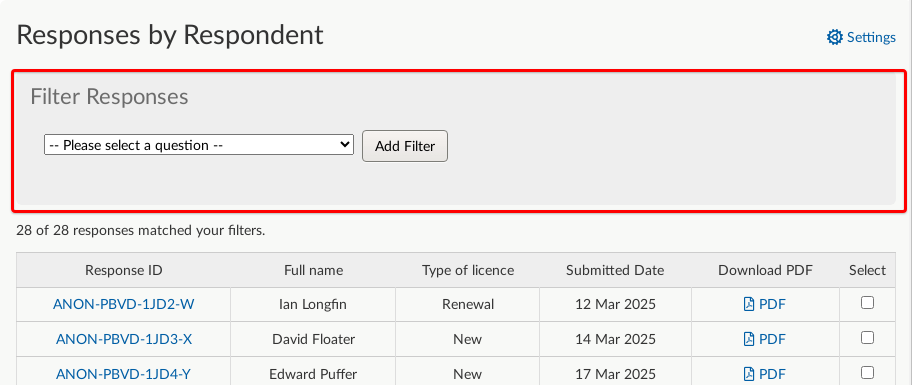 Responses organised by respondent page with options to filter and table of submitted responses.