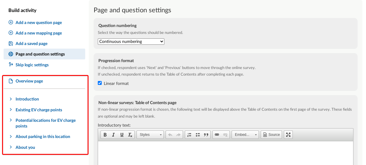 Online survey screen with survey pages highlighted in sidebar survey navigation menu.