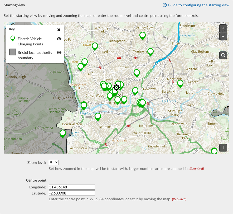 Setting zoom and centre point on map settings.