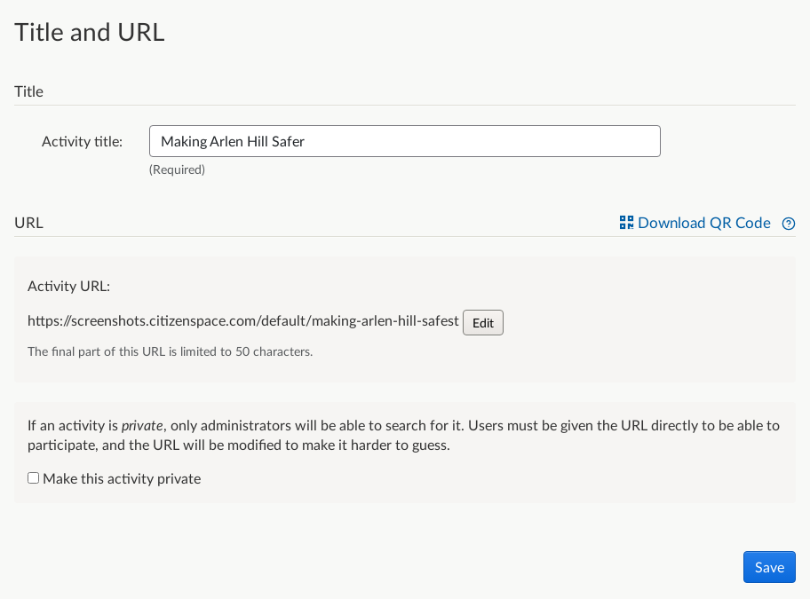 Title and url page which also includes making an activity private.