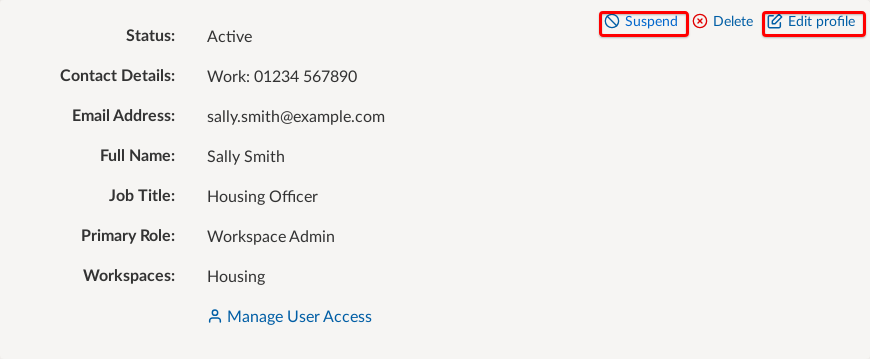 User Profile page with suspend and edit profile links highlighted.